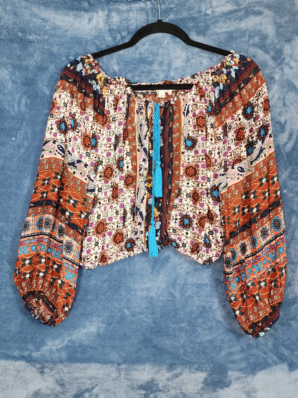 Umgee Boho Off-Shoulder Crop Top - Rust, Cream & Turquoise